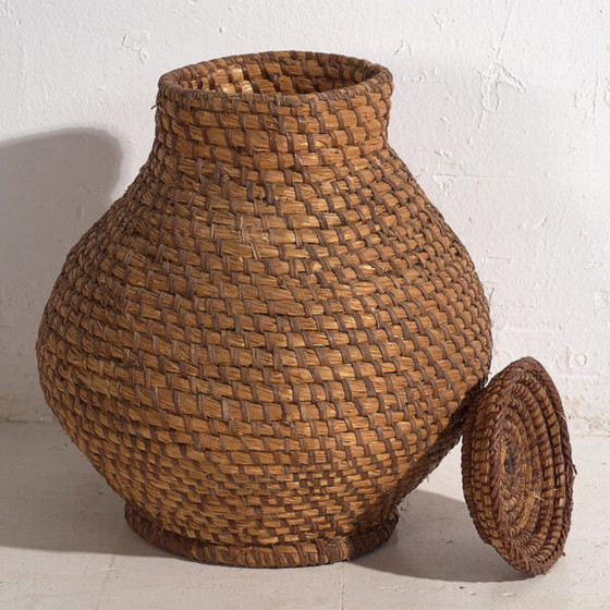 Antiker Korb mit Deckel (ca. 1920) #1 – Dekorative Objekte, Wicker, Rustic (photo 5 of 9)