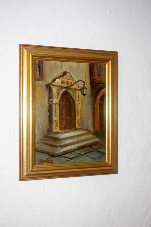 Vintage Architectural Painting * Signed Framed Oil Painting * European Doorway Scene * Mid-Century Artwork