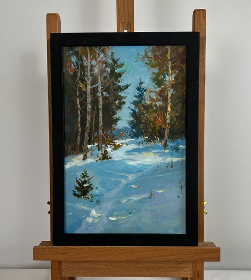 Original Oil Painting Winter Forest Landscape Rest in the winter forest