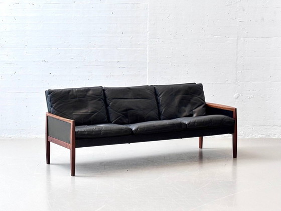 Image 1 of Canapé de style mid-century en palissandre et cuir de vachette noir, signé Hans Olsen pour Vatne Møbler, 1960