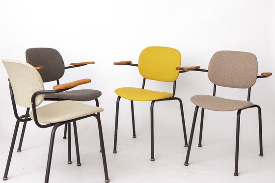 Image 1 of Set of 4 Vintage Armchairs 1950s Germany, Mid Century Modern Dining Chairs, Metal Frame with Wood Arms