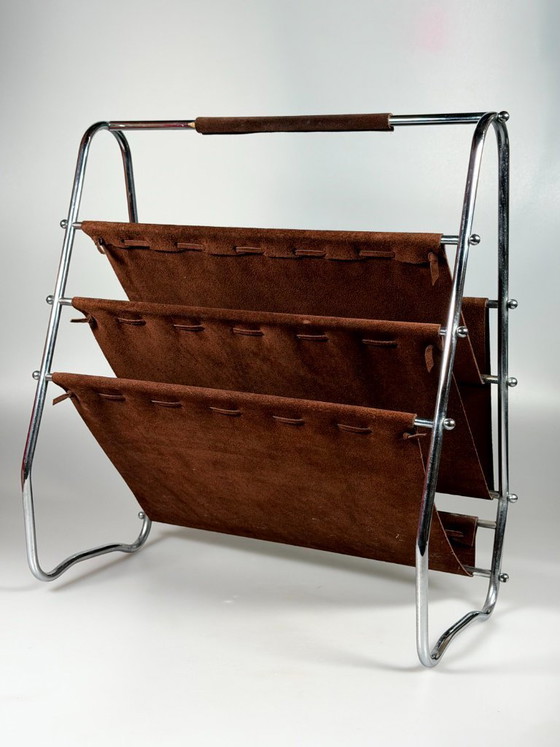 Image 1 of 1960s/70s Newspaper Holder/Magazine Stand, Metal/Leather, Mid-Century Design