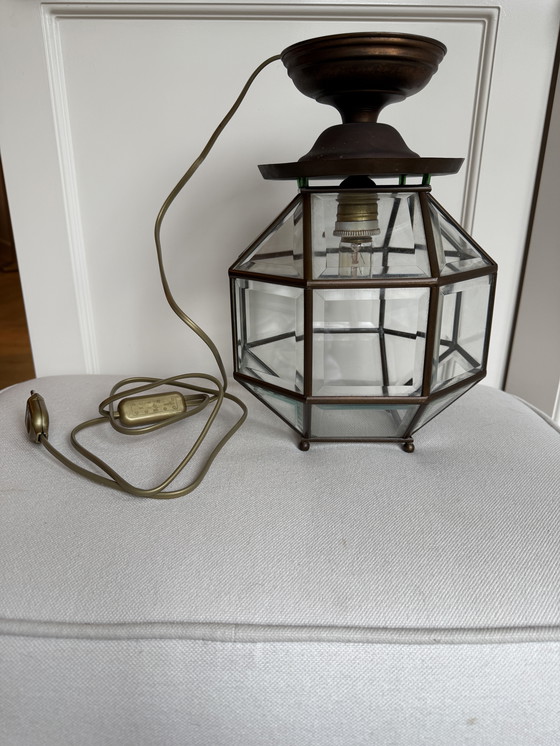 Image 1 of Amsterdamse School lantaarnlamp,messing/koper,facet geslepen glas