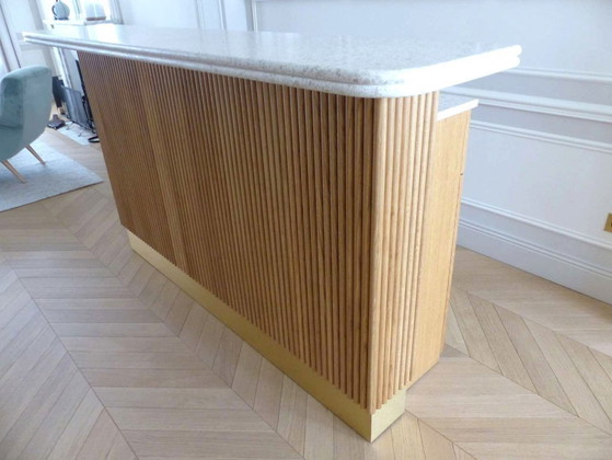 Image 1 of Moderne Bar aus massiver Eiche und doppelter Terrazzo-Arbeitsplatte – Einzigartiges Stück