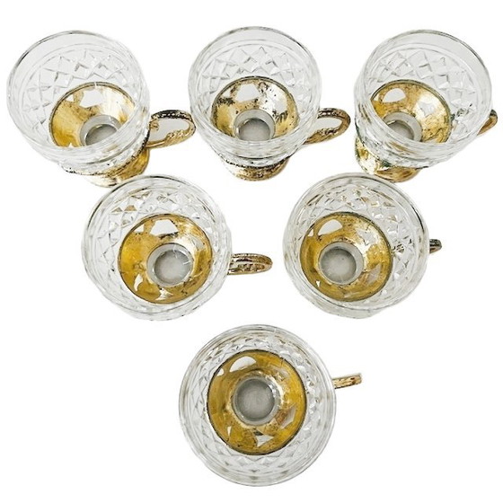 Image 1 of Vintage set of glass coffee cups in gold plastic holder 1970s