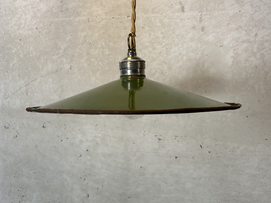 Image 1 of 2X Industrial Pendant Lamps - Green Enamel