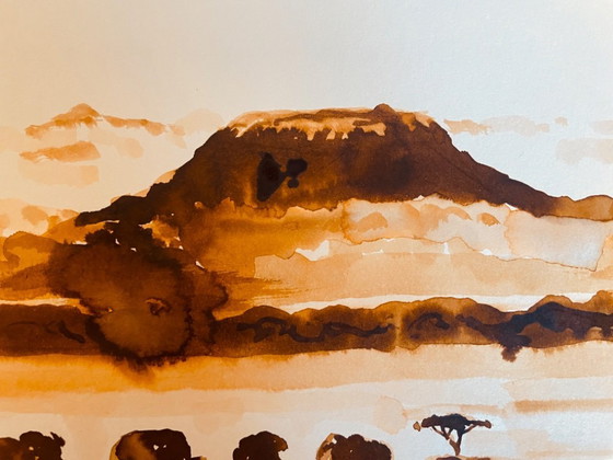 Image 1 of Signed painting of an African landscape and animals, "Kilimanjaro".