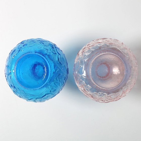 Image 1 of Set of 2 Vintage Pressed Glass Vases, Blue & Pink Floral Set, Italy 1960s