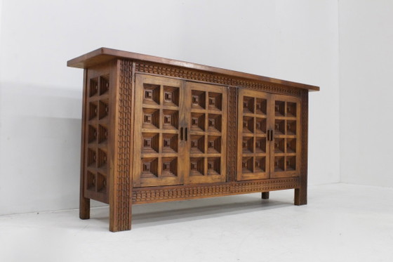 Vintage Spaans Brutalist sideboard dressoir, Hout, Bruin (foto 4 van 9)
