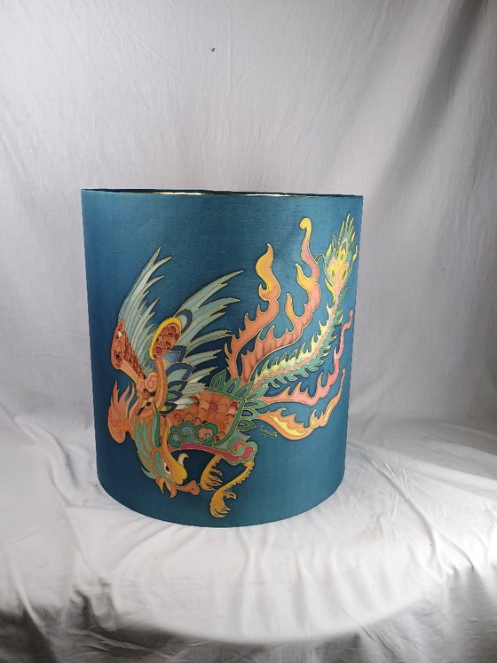 Image 1 of Handmade Signed Silk Dragon Lampshade, Large Vintage Style Table or Floor Lamp Shade, Asian Inspired Decorative Shade