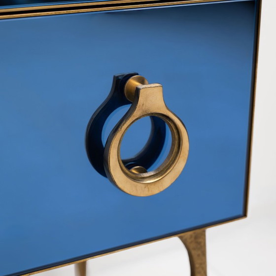 Blue Mirrored Chest Of Drawers With Brass Details, Mid-Century Modern Style – Glass (photo 3 of 6)