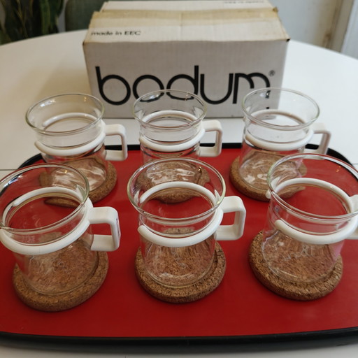 Vintage Bodum Glasbecher-Set, 6-teilig – Skandinavisches Design – Korkuntersetzer – Hergestellt in der EU