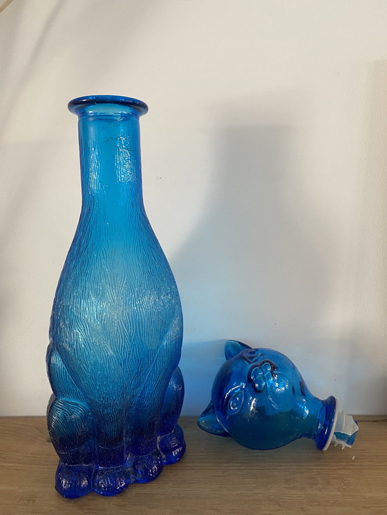 Image 1 of Vintage laserblauwe figuurlijke kat Empoli art glazen karaf/fles, Italië