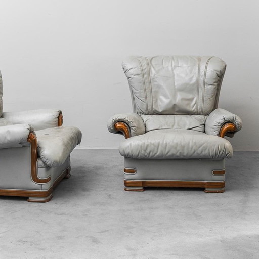 COPPIA DI POLTRONE VINTAGE EN PELLE GRIGIO E LEGNO ANNI '50 MODERNARIATO