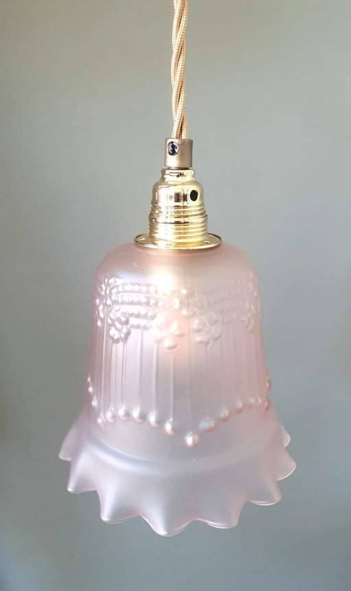 Antique / vintage pendant lamp with pink glass shade