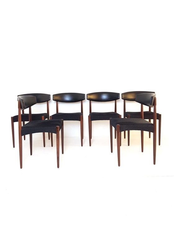 6 Chaises Vintage Danoises Palissandre Skai Noir Et Tissu – Chaises de salle à manger, Wood (photo 7 of 15)