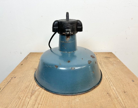Image 1 of Industrial Blue Enamel Factory Lamp with Cast Iron Top, 1960s