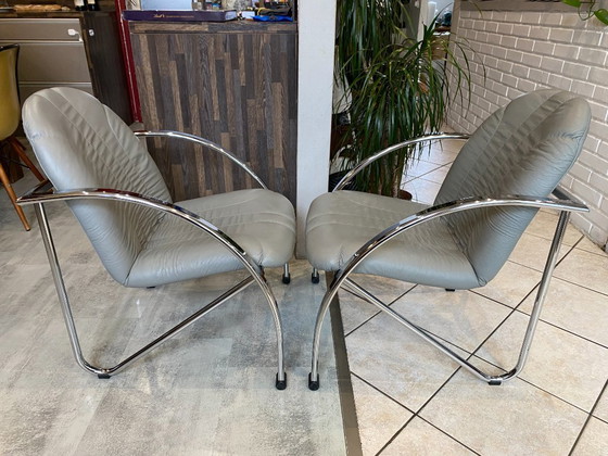 Image 1 of Pareja de sillones plegables Souvignet en cuero cromado gris, 1980