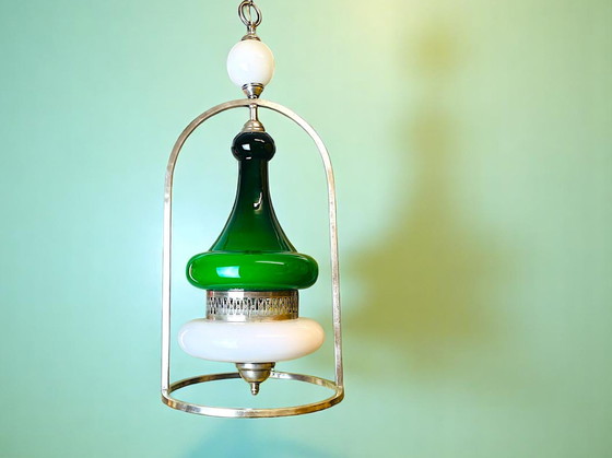Image 1 of Portuguese Mid Century Modern Green Opaline Milk Glass Chandelier for High Ceilings, 1940s-50s
