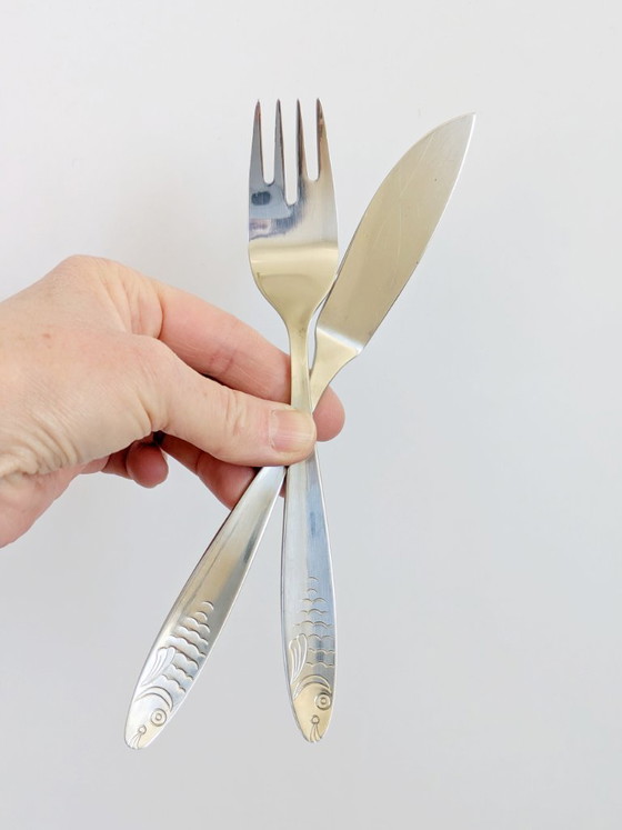 Image 1 of Service de couverts à poisson vintage WMF, 12 pièces, acier inoxydable, style années 1960, Allemagne