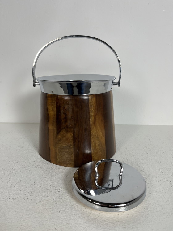 Image 1 of Seau à glace vintage, années 50-60, en bois et chrome.