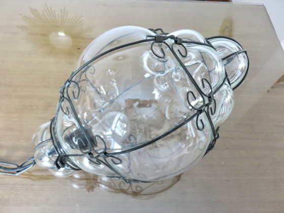 Image 1 of Lampada a sospensione in vetro soffiato a mano a forma di lanterna veneziana in una gabbia di metallo