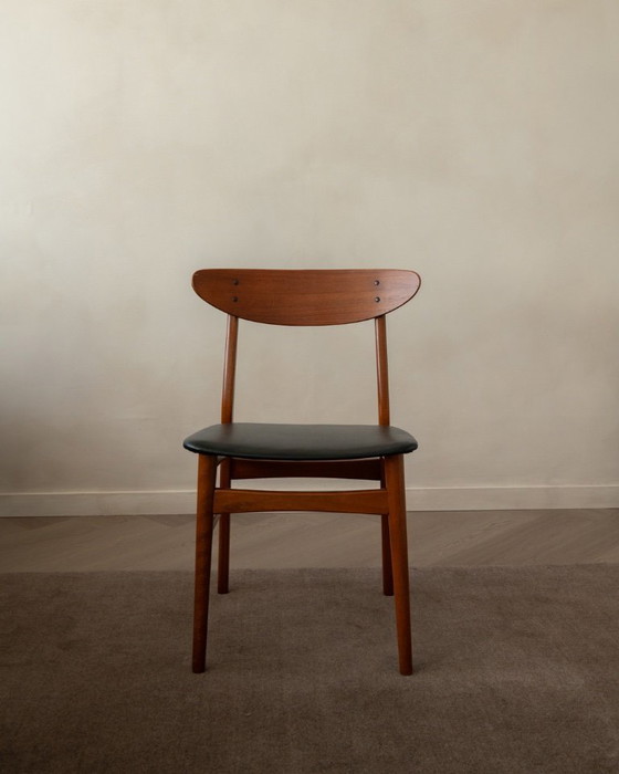 Image 1 of Vintage Danish Dining Chairs, Teak Backrest and Beech Frame, Newly Upholstered Black Skai Seats, 1960s
