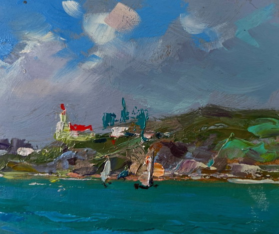 Image 1 of Original Oil Painting Summer Coastal Landscape Sailboats at sea and rocky shore