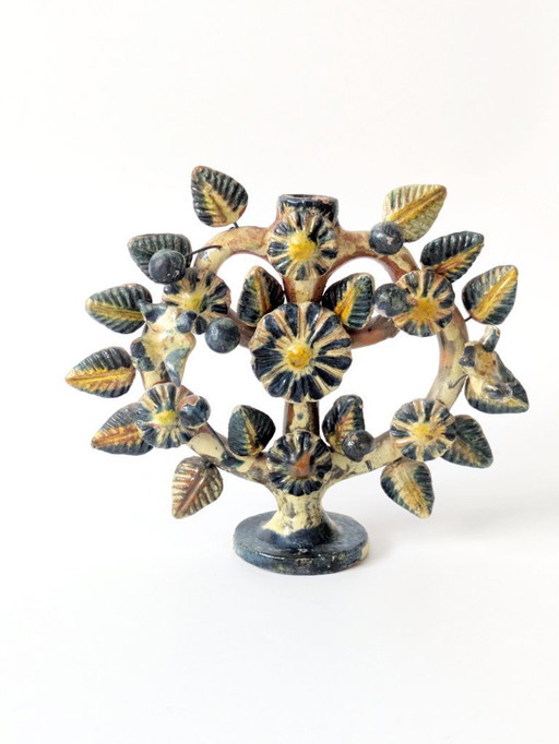 Vintage Mexican Tree of Life Ceramic Candleholder, 1970s Folk Art Candelabra with Birds & Flowers