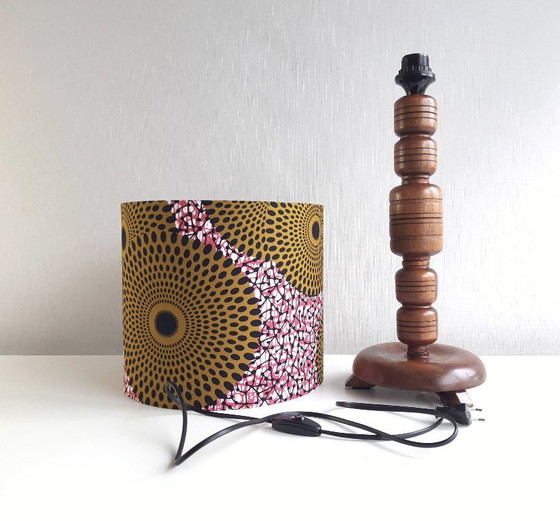 Image 1 of Unique vintage wooden lamp base with handmade lampshade made of African wax fabric