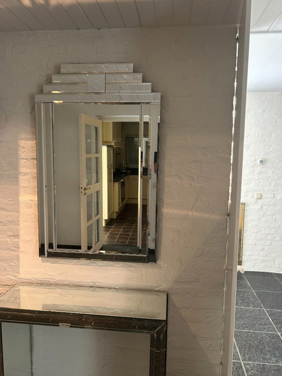 Art Deco Faceted Wall Mirror with Matching Sidetable – Glass, Wood (photo 2 of 10)