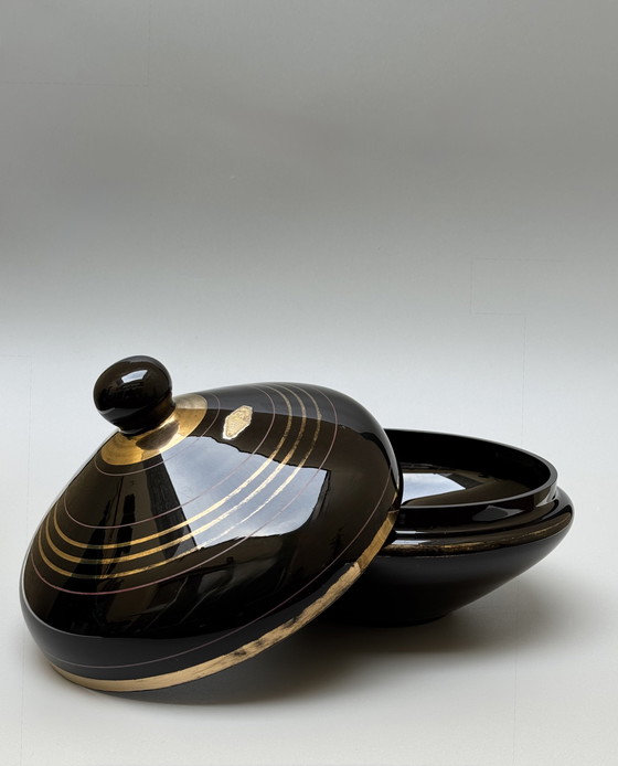 Image 1 of Grande bomboniera in vetro nero, serie "Mimosa" - Boom, Belgio Art Déco - Vetro ialitico -