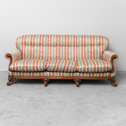 DIVANO 3 POSTI VINTAGE TESSUTO A RIGHE MULTICOLOR E LEGNO ANNI '50 VINTAGE MODERNARIATO