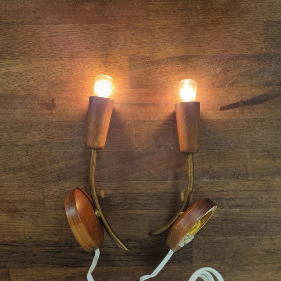 Image 1 of Two mid-century teak wall lamps, without shade