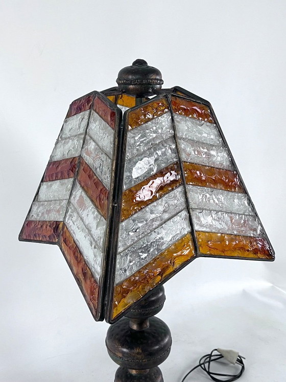 Image 1 of Monumentale, brutalistische Tischleuchte aus dickem Glas und Metall von Longobard. Italien, 1970er Jahre.