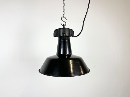 Industrial Black Enamel Factory Lamp with Cast Iron Top, 1960s