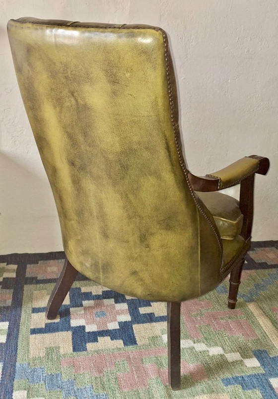 Image 1 of Mid Century Olive Green Tufted Leather Chesterfield Library Armchair, 1970s