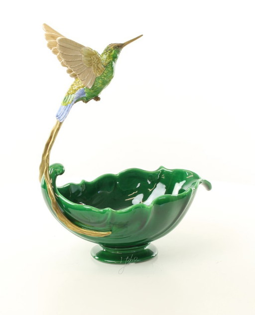HUMMINGBIRD PLANTER JASMINE PORCELAIN + BRONZE ORMOLU BIRD BOWL SCULPTURE