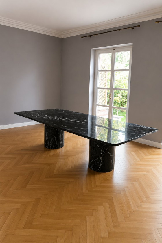 Solid Rectangular Marble Dining Table – Natural Stone Table with 2 Cylindrical Legs – Modern Dining Table, (photo 4 of 5)