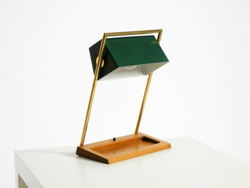 Originale große Temde-Tischlampe aus den 1960er Jahren mit Messinggestell, Teakholzfuß und grünem Lampenschirm