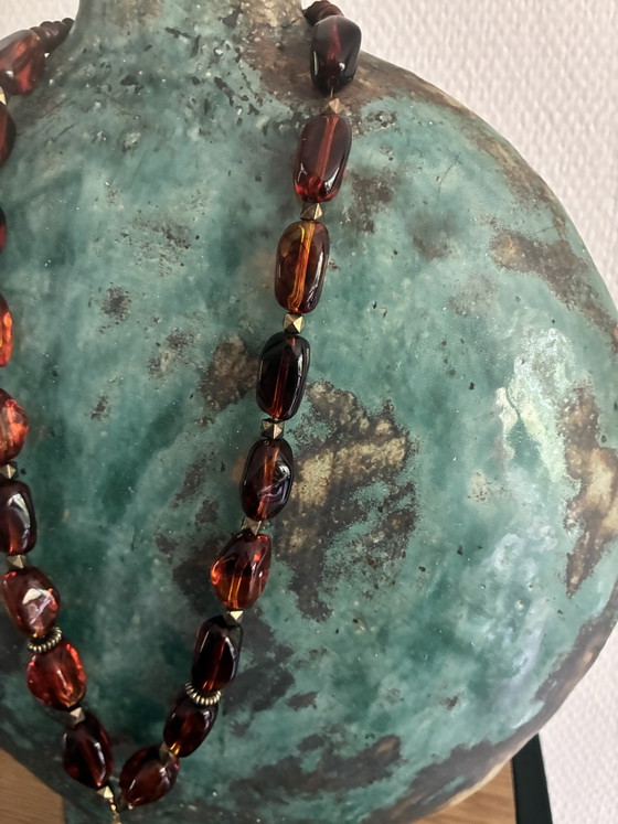 Image 1 of Collier neuf avec perles vintage marron et pompon, 59 cm