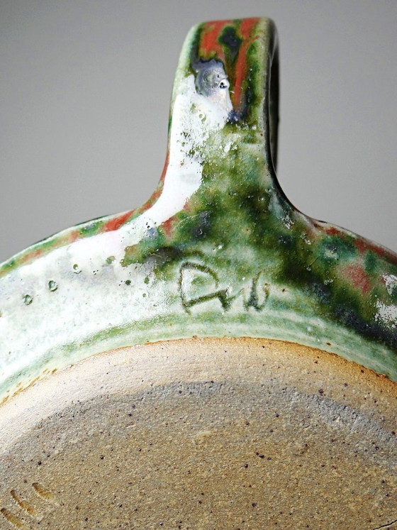 Image 1 of Saucière en grès émaillé Fontgombault, rouge et vert, vintage 1960-1970
