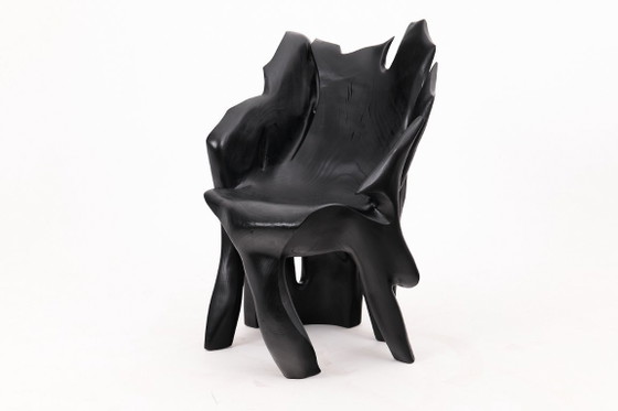 Image 1 of Fauteuil sculptural en bois noir carbonisé aux formes organiques par Logniture