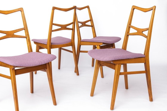 Image 1 of Set of 4 Vintage Dining Chairs, 1960s–70s German Mid-Century Modern, Beechwood Frames, Purple Upholstery