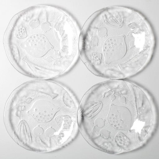 Set of 4 Kosta Boda Tropic Glass Dessert Plates, Scandinavian Fruit Design / 1989