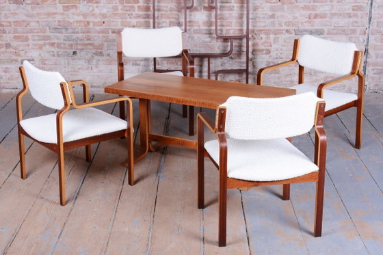 Set of Four Restored Mid Century Chairs, by Ludvik Volak, Mahogany, Czech, 1960s – Dining chairs, Textile (photo 9 of 12)