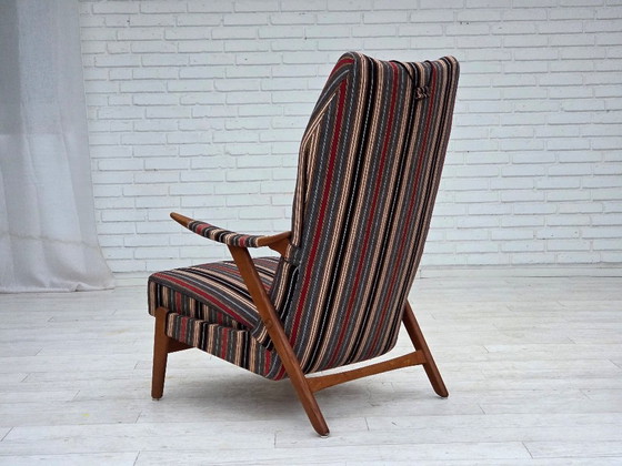 Image 1 of Anni '60, poltrona svedese, tessuto di lana a righe, legno di quercia, legno di teak.