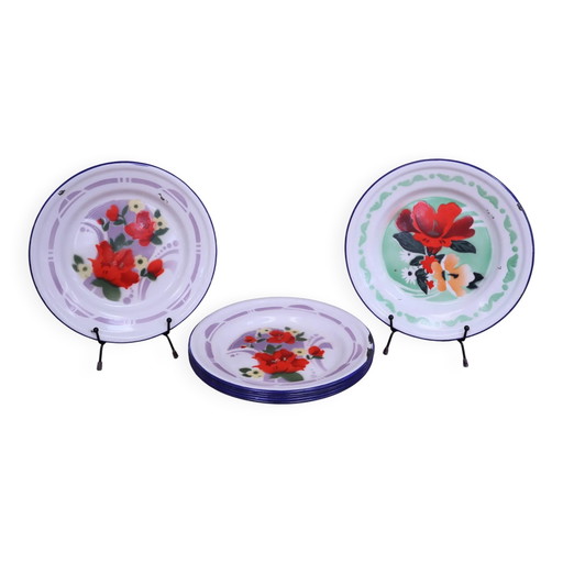 7 bedruckte florale Emaille-Teller "bon voyage" Made in China