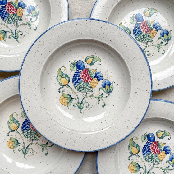 5 Piatti Fondi in Maiolica Italiana Maculata 'TIFFANY' – Motivo Uccello Vintage – Stoviglie (photo 2 of 9)
