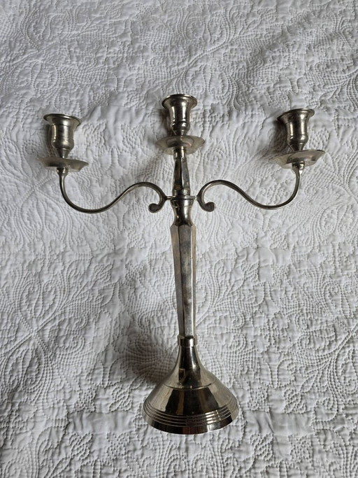 Three-light silver-plated metal candelabra – antique Louis XVI style chandelier – kandelaars en kaarsen (photo 2 of 5)